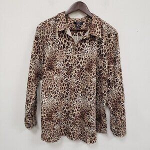 Chaps Womens Animal‎ Print Button Top Size 1X Long Sleeve Mob Wife Career Office